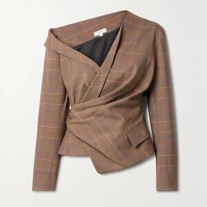 Skyla draped Prince of Wales checked woven wrap top in Brown